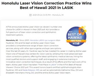 Aloha Laser Vision Wins KITV4 Best of Hawaii 2021 for LASIK