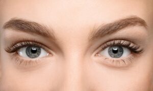 Close-up of a model's blue eyes